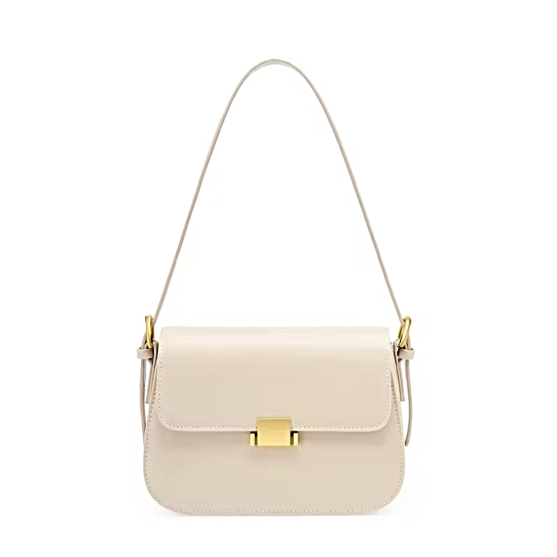 Timeless Charm Satchel in luxury white genuine kitt cross grain leather with structured rectangular silhouette flap front design gold accent hasp closure and single curved shoulder strap showcasing luxury minimalist styling upscale craftsmanship premium finish and compact everyday sophistication
