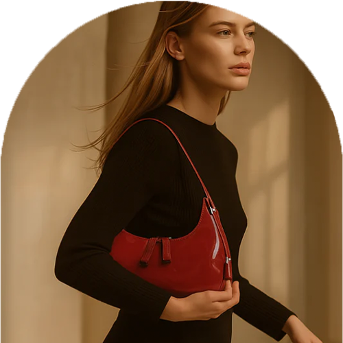 Homepage Luna Curve Carry luxury bag in glossy red vegan leather worn by model featuring crescent silhouette shoulder strap and sleek minimalist design showcasing bold modern styling polished premium finish and compact everyday elegance in motion