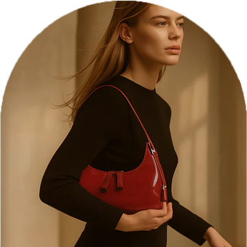 Homepage Luna Curve Carry luxury bag in glossy red vegan leather worn by model featuring crescent silhouette shoulder strap and sleek minimalist design showcasing bold modern styling polished premium finish and compact everyday elegance in motion