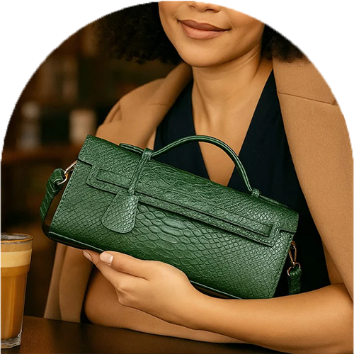 Homepage Timeless Elle Petite premium vegan leather purse in green snake embossed texture compact luxury design