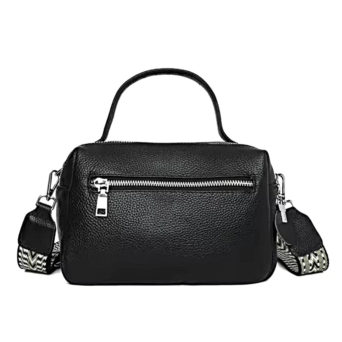 Timeless City Compact luxury black pebbled genuine leather Boston bag back view with exterior zip pocket top handle and premium patterned strap