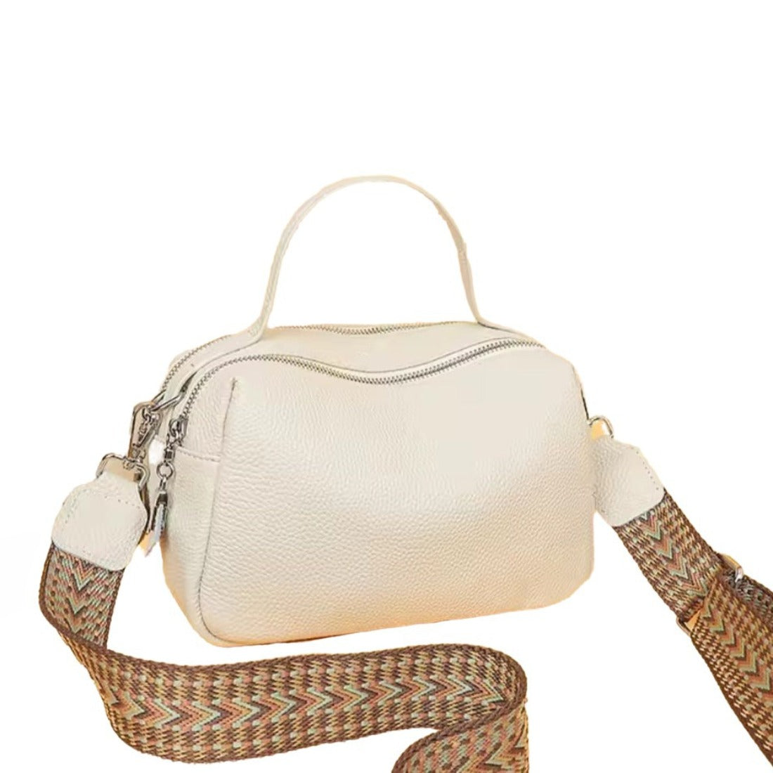Timeless City Compact crossbody bag in beige pebbled genuine leather with premium silver hardware Boston shape top zipper closure short handle and detachable strap with brown and beige woven pattern
