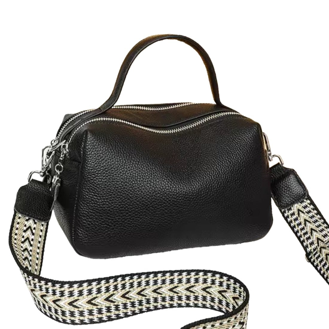 Timeless City Compact upscale premium pebbled leather handbag in black Boston silhouette with top handle adjustable patterned crossbody strap