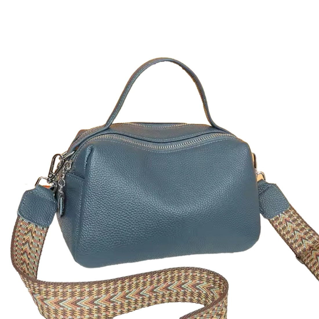 Timeless City Compact crossbody bag in premium blue pebbled genuine leather with silver hardware short top leather handle and detachable adjustable strap featuring beige and brown chevron pattern