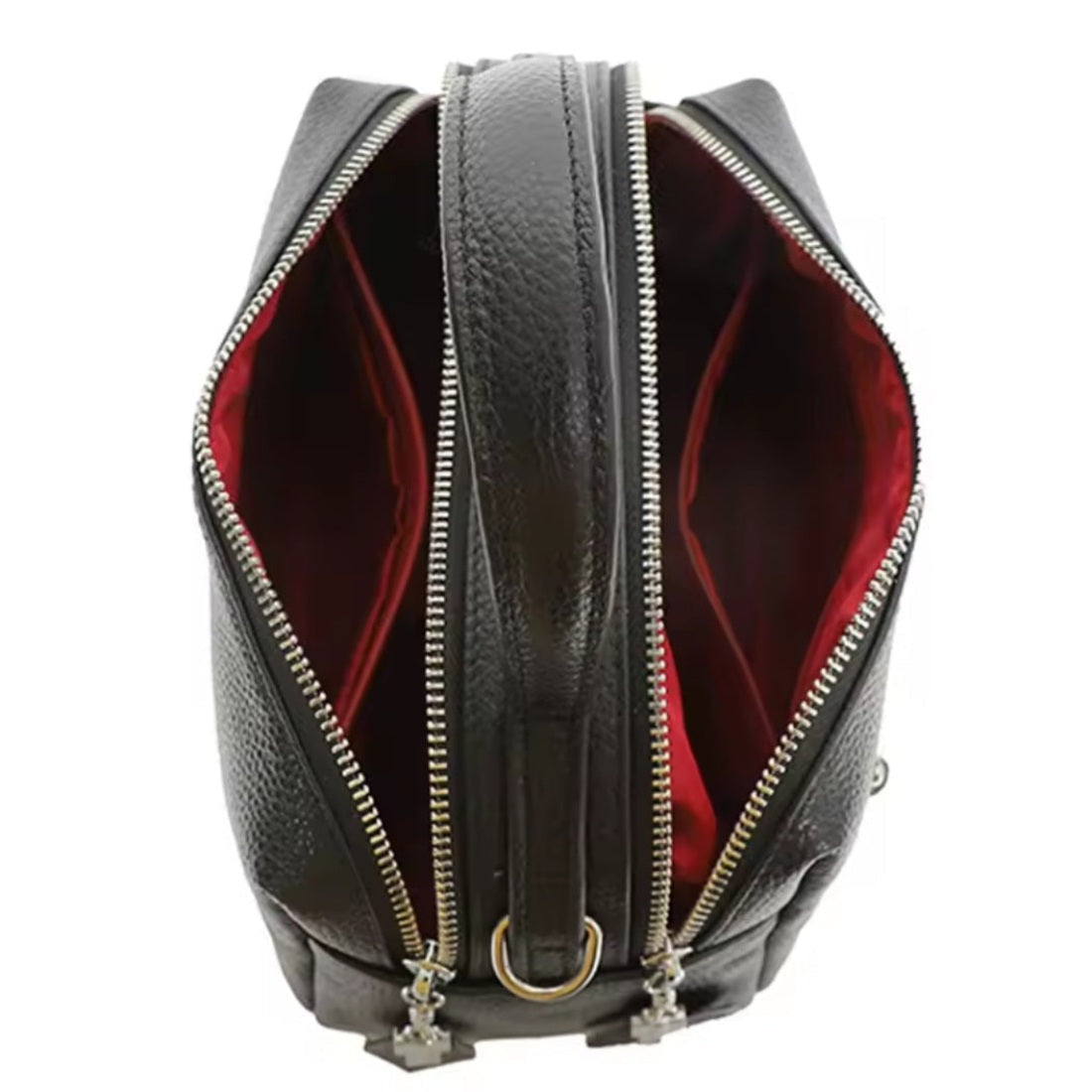 Timeless City Compact interior view of crossbody bag in black pebbled genuine leather featuring dual zippered compartments with red lining elegant stitching and metal ring for strap or keychain attachment