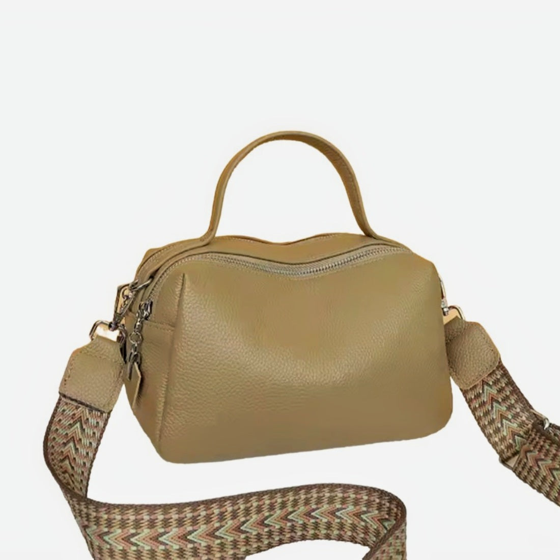 Timeless City Compact crossbody bag in khaki pebbled genuine leather with upscale silver hardware short top leather handle and detachable premium adjustable strap featuring brown and beige woven pattern 