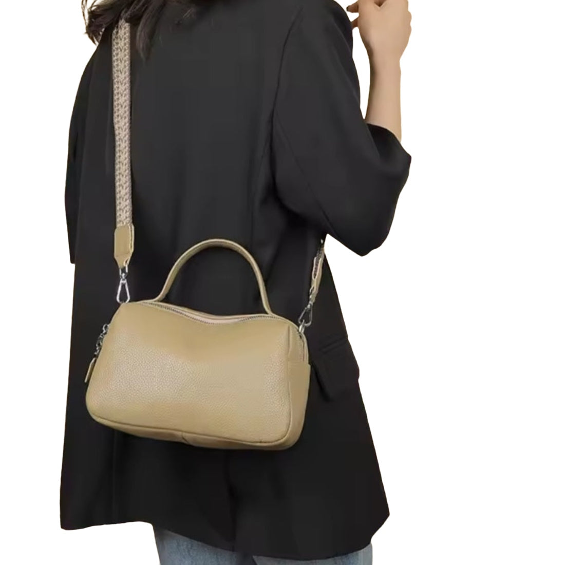 Timeless City Compact crossbody bag in khaki pebbled genuine luxury leather with upscale silver hardware short top leather handle and premium detachable strap featuring beige woven pattern worn over shoulder in lifestyle setting