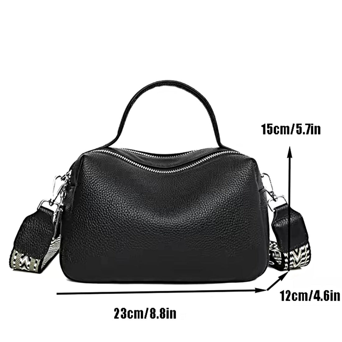 Timeless City Compact upscale premium pebbled leather handbag in black Boston silhouette with top handle adjustable patterned crossbody strap