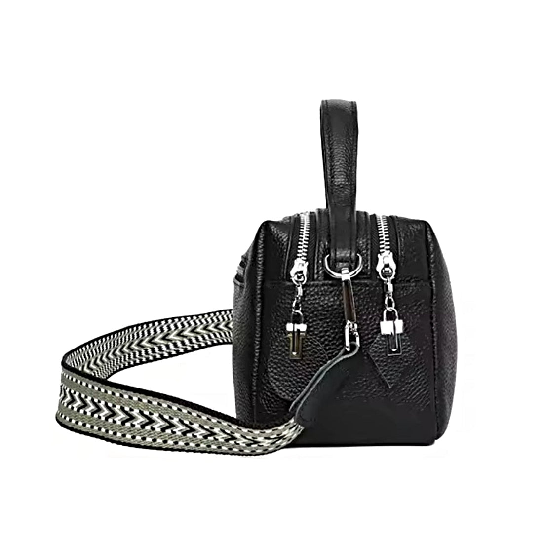 Timeless City Compact bag in black pebbled genuine leather with silver hardware short top leather handle and detachable adjustable strap featuring black and white geometric pattern displayed
