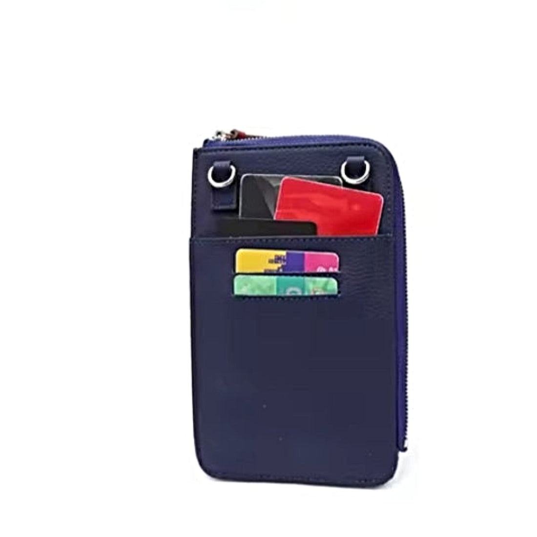 City Snap Carry navy genuine leather phone upscale durable crossbody bag back view with exterior card slots holding credit cards