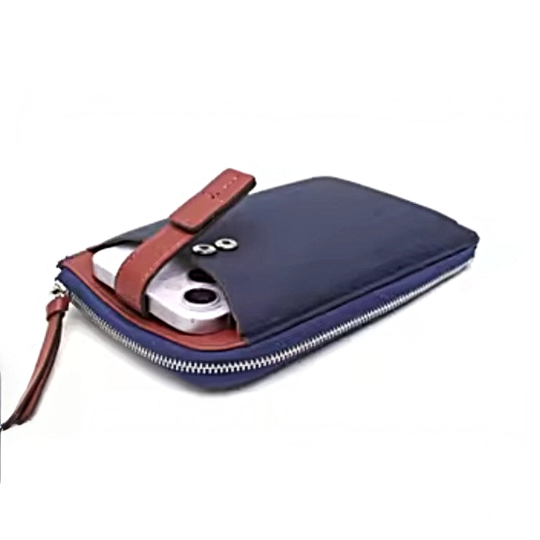 City Snap Carry navy genuine premium leather phone upscale crossbody bag close-up showing back snap pocket with phone inside