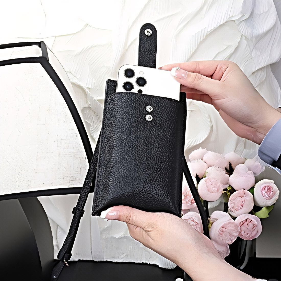 City Snap Carry black womens genuine leather phone crossbody bag snap phone pocket detail phone inside compact leather wallet crossbody small leather tote held