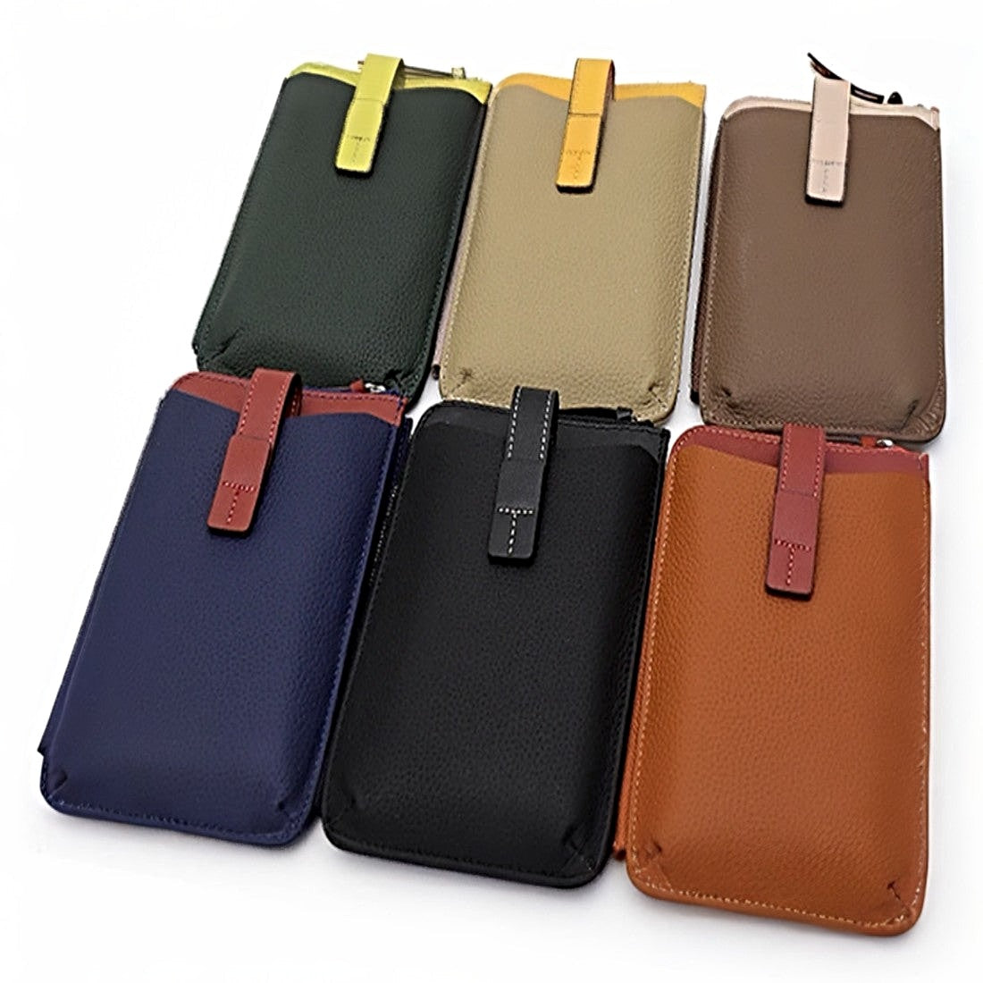 City Snap Carry genuine luxury compact leather phone crossbody bag shown in multiple colors including green khaki tan latte navy black and brown 