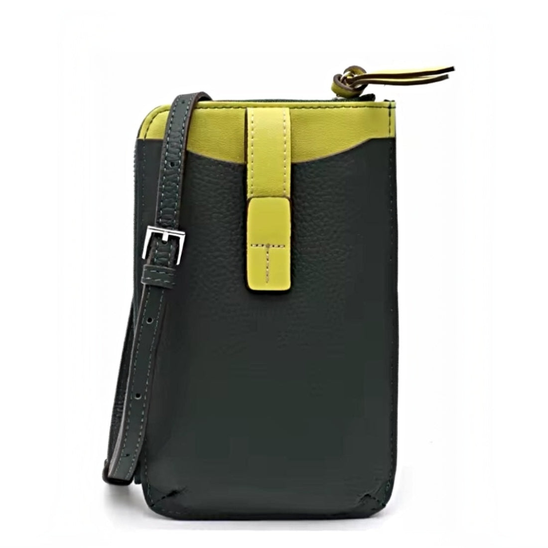 City Snap Carry practical durable compact crossbody bag made from luxury premium genuine leather with an upscale secure snap closure and adjustable strap shown upright in green