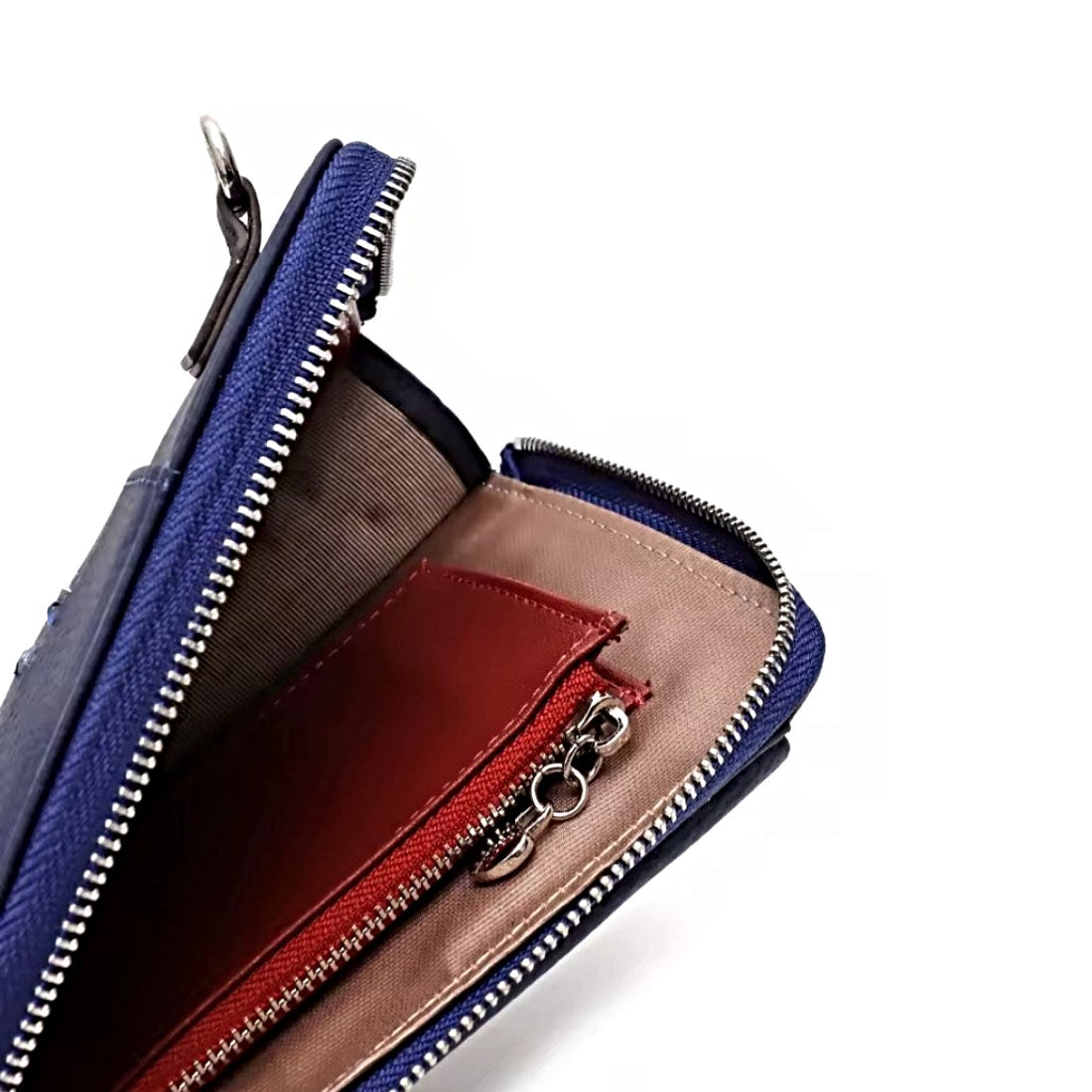 City Snap Carry navy crossbody bag inside view showing organized compartments with zipper pocket and card slots in luxury durable upscale genuine leather