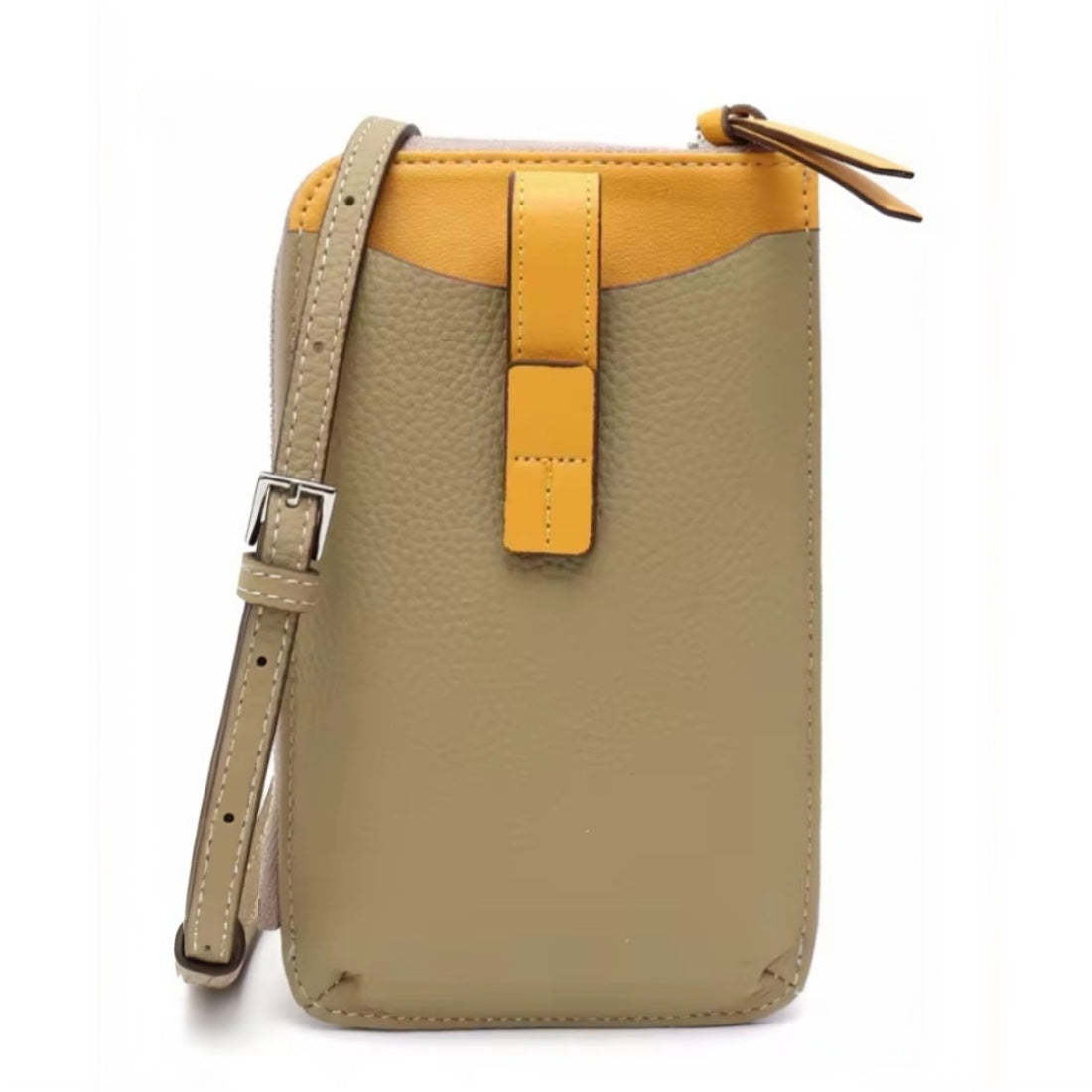City Snap Carry practical durable compact crossbody bag made from luxury premium genuine leather with an upscale secure snap closure and adjustable strap shown upright in khaki