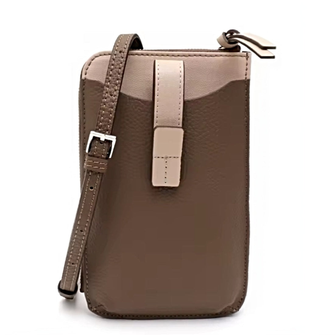 City Snap Carry practical durable crossbody bag made from luxury premium genuine leather with a upscale secure snap closure and adjustable strap shown upright in taupe