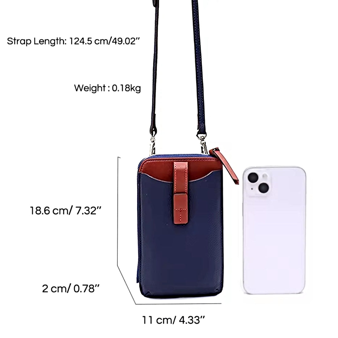 City Snap Carry navy genuine leather durable upscale crossbody bag with strap shown beside smartphone and size dimensions