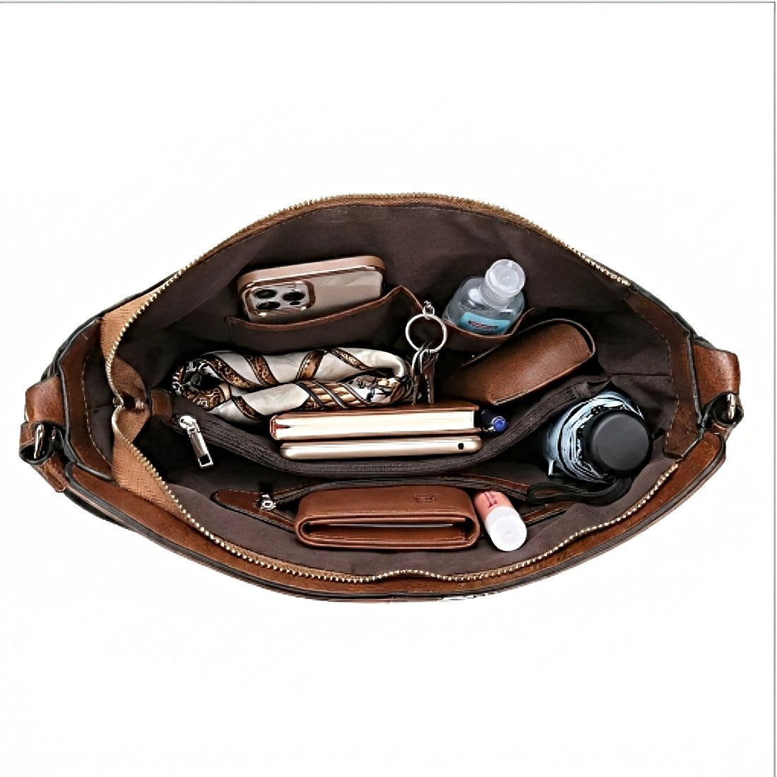 Classic Carry Hobo women's brown leather hobo bag interior with contents