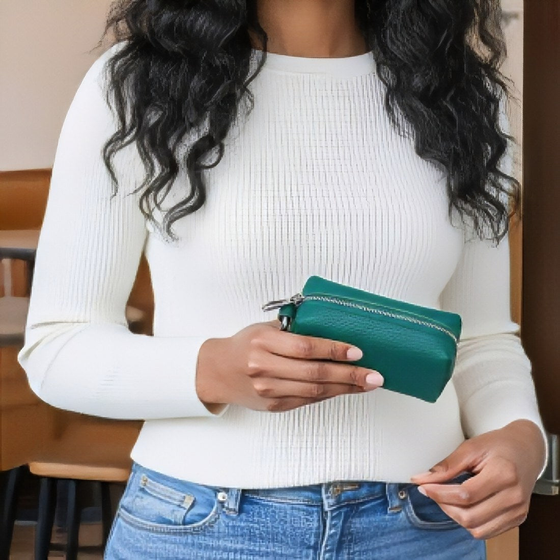 green pocket trio compact leather clutch bag with model 