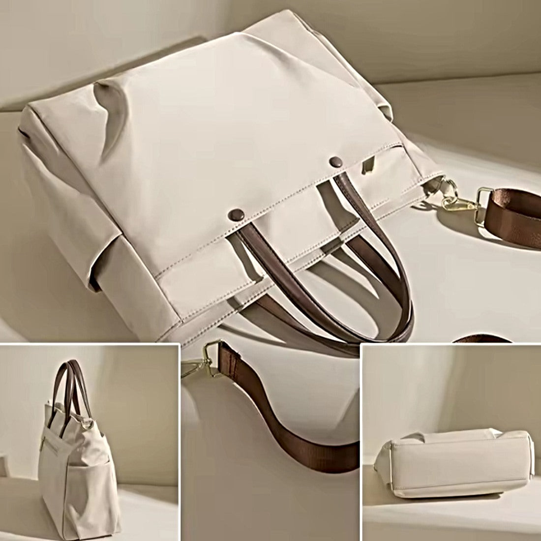 Beige Timeless Commuter Tote shown from multiple angles waterproof fabric tote with dual handles detachable strap and structured base
