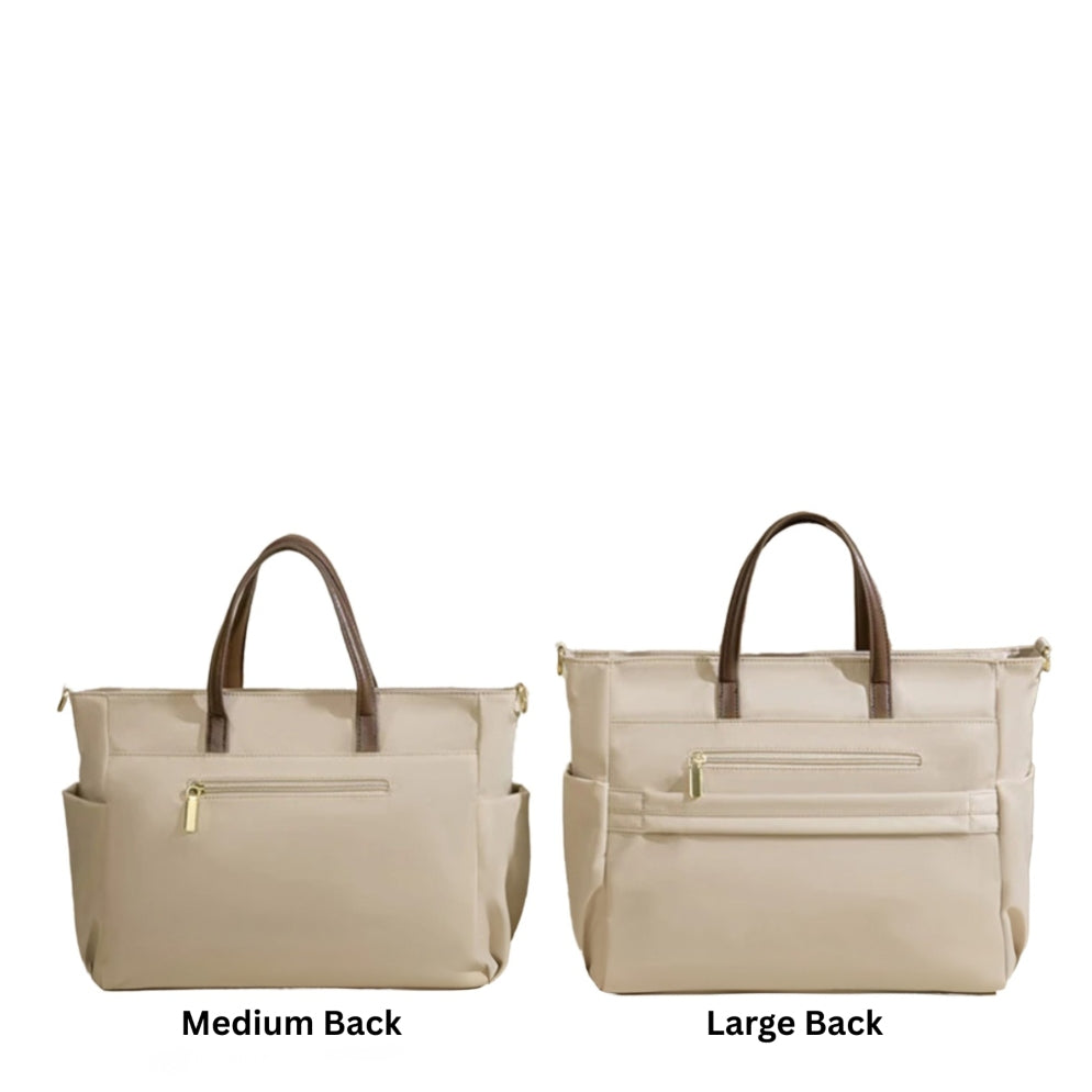 Back view of upscale premium Timeless Commuter Tote in beige medium and large sizes with antitheft zipper pockets and dual handles