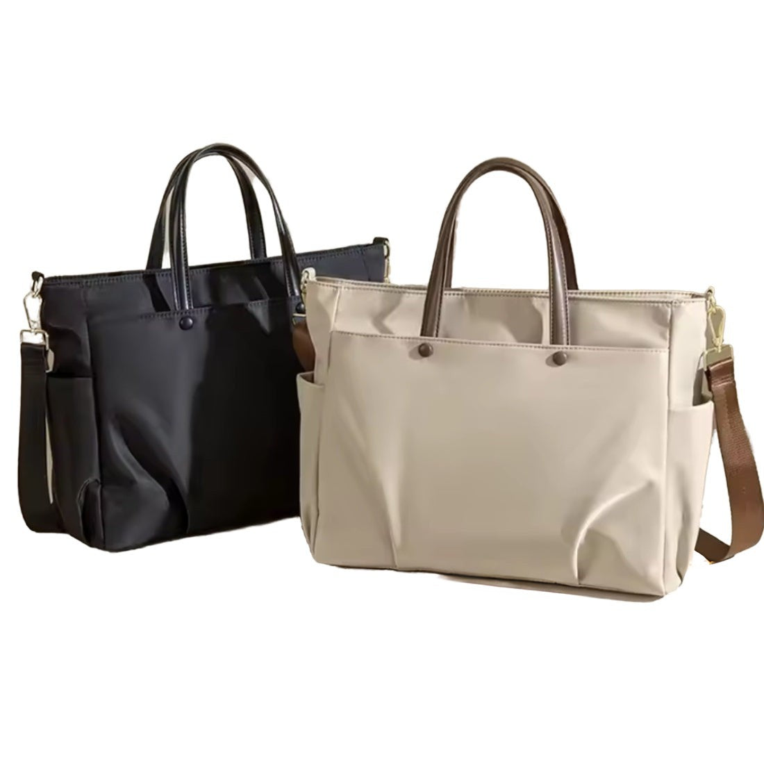 Front view of Timeless Commuter Tote bags in black and beige waterproof upscale premium commuter totes with padded laptop sleeves