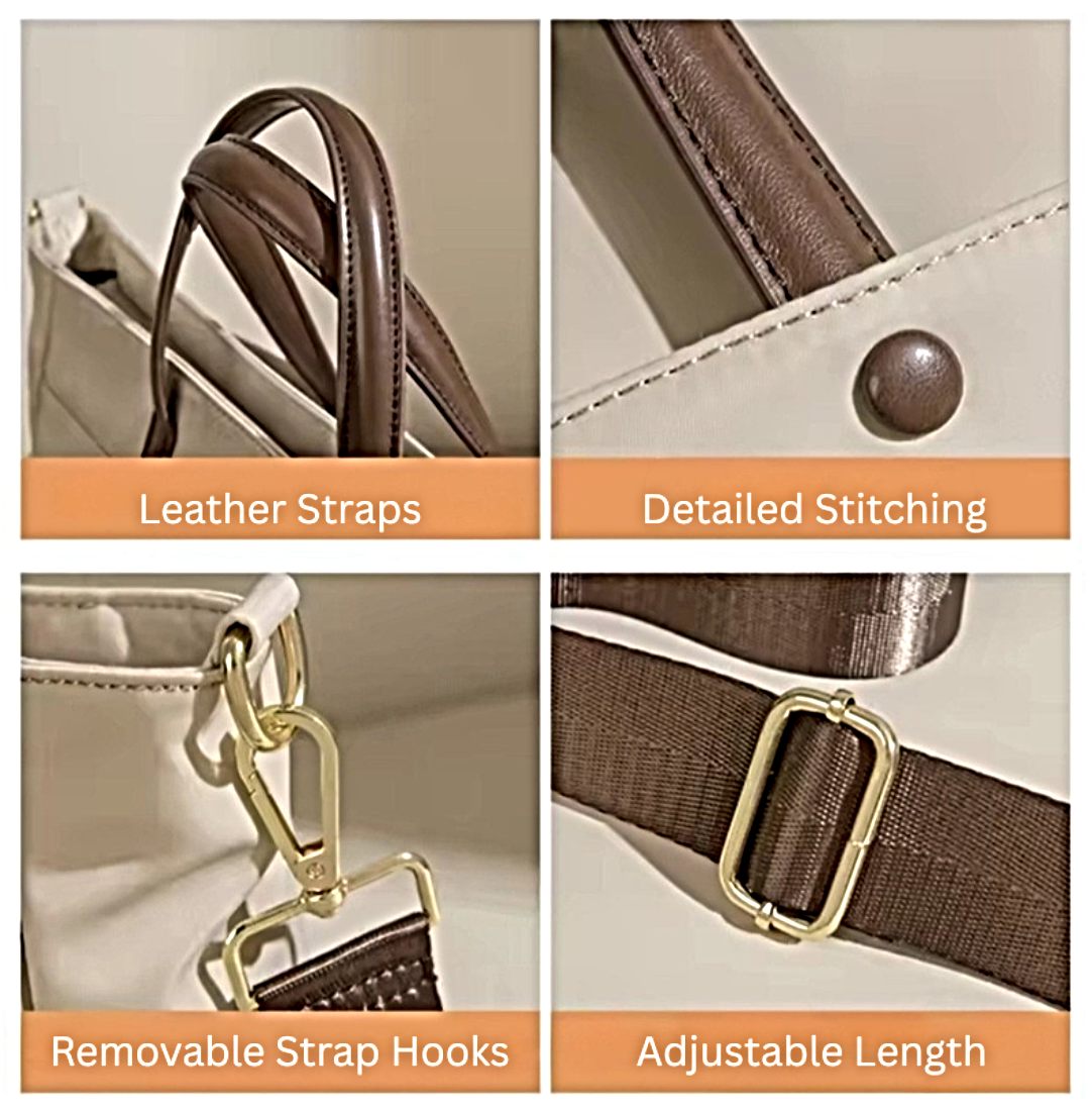 Close up features of upscale Timeless Commuter Tote in beige highlighting premium straps reinforced stitching gold-tone removable hooks for adjustable strap length