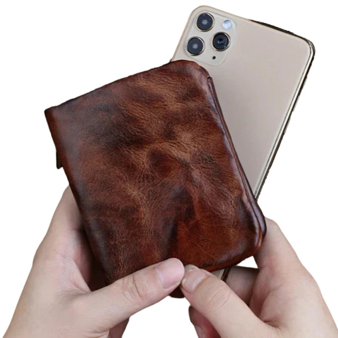 Creased Heritage Compact Fold luxury wallet in brown leather premium compact design held with phone