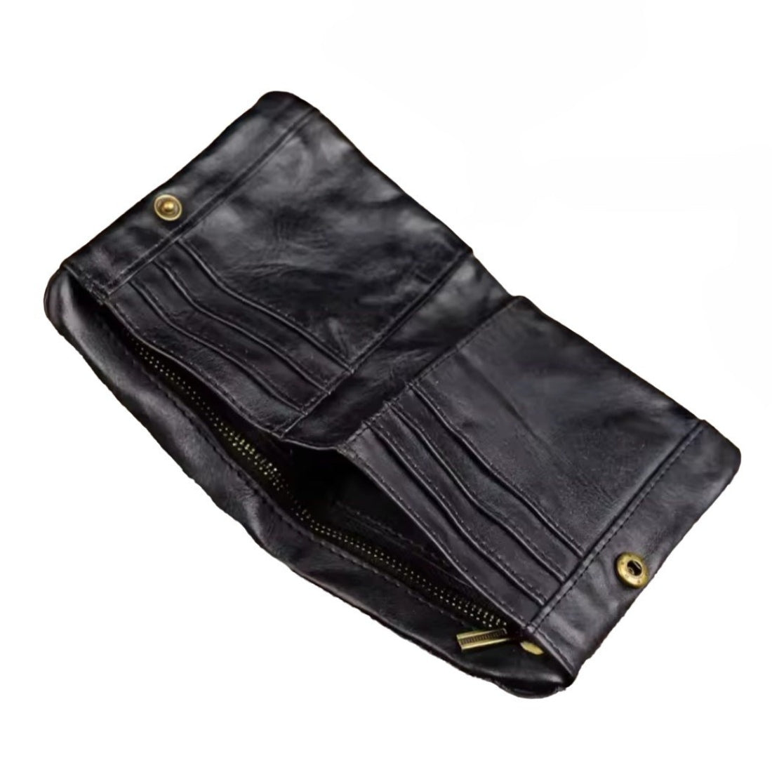 Creased Heritage Compact Fold wallet in rustic black genuine luxury leather open display