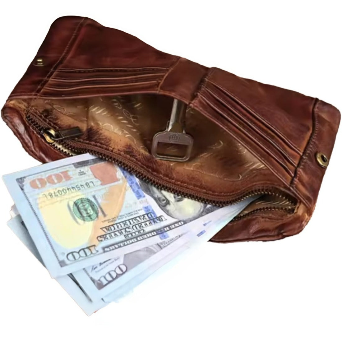 Creased Heritage Compact Fold luxury wallet in brown genuine leather upscale interior display with organized compartments and cash