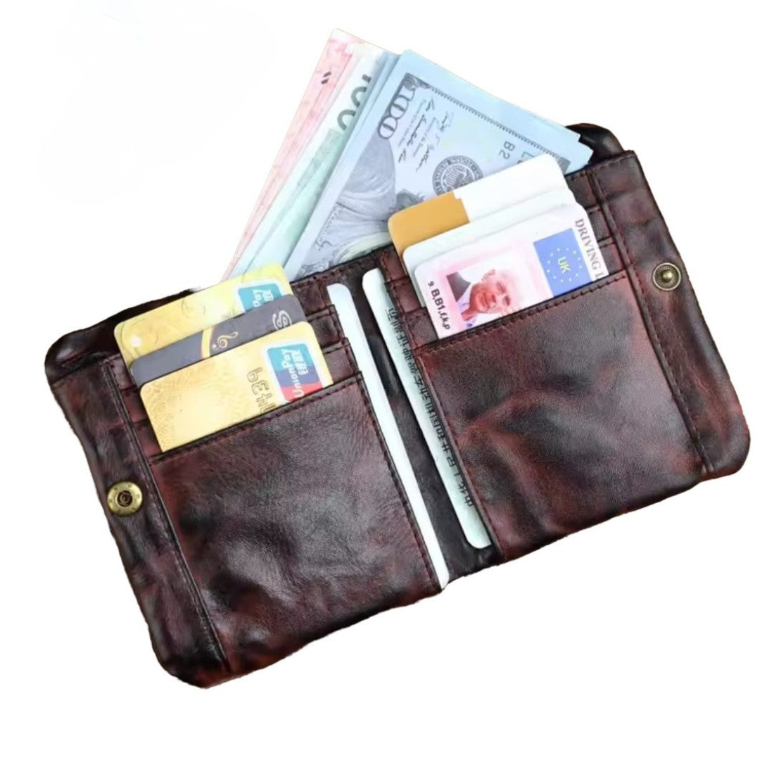 Creased Heritage Compact Fold luxury wallet in premium brown leather open view with cash and cards inside