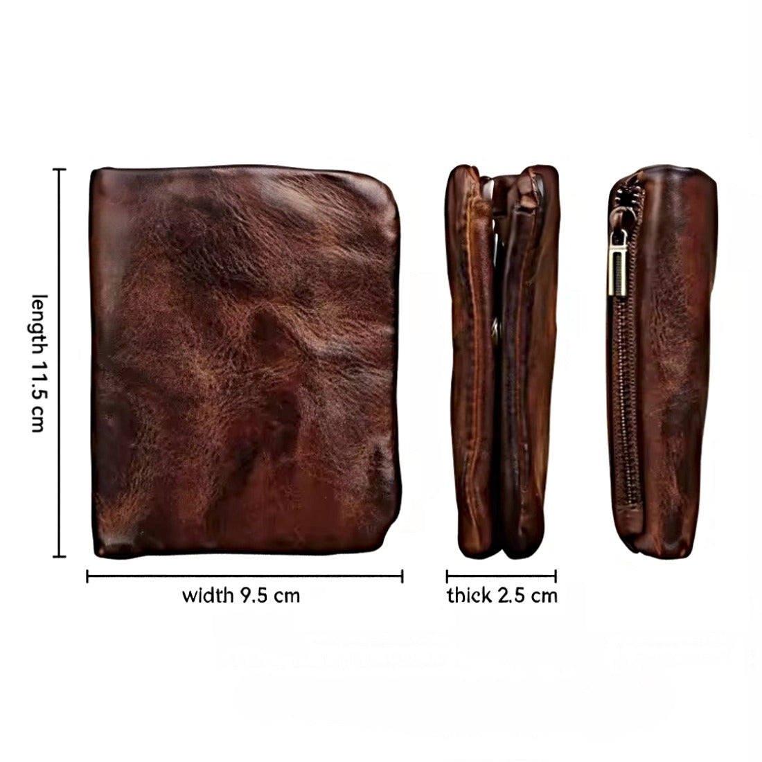 Creased Heritage Compact Fold luxury wallet in brown leather measurements