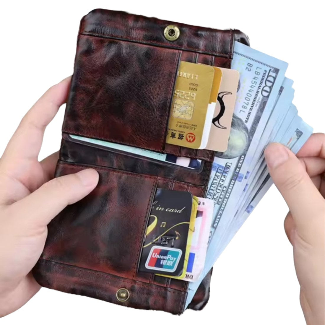 Creased Heritage Compact Fold luxury wallet in brown premium leather upscale open interior view