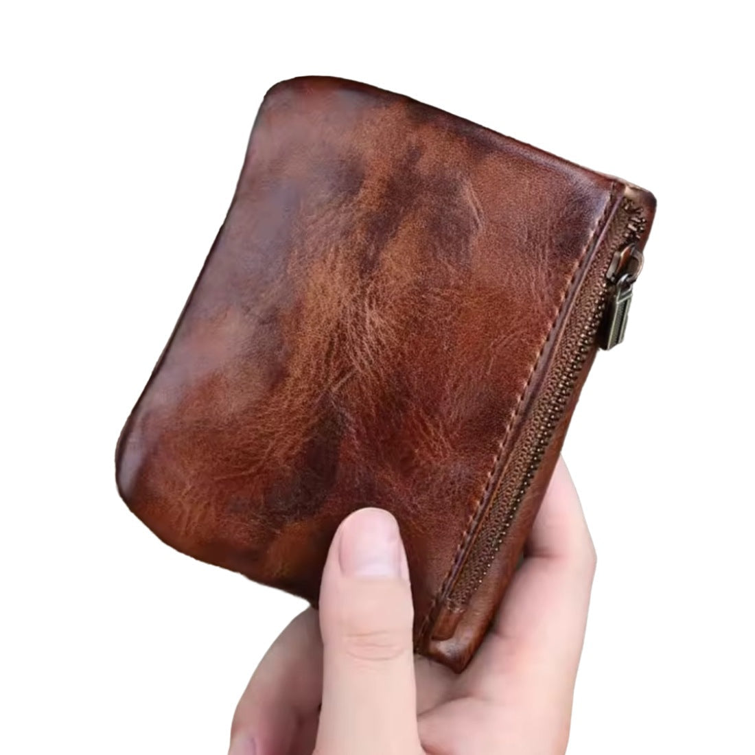 Creased Heritage Compact Fold luxury wallet in brown genuine leather handheld view