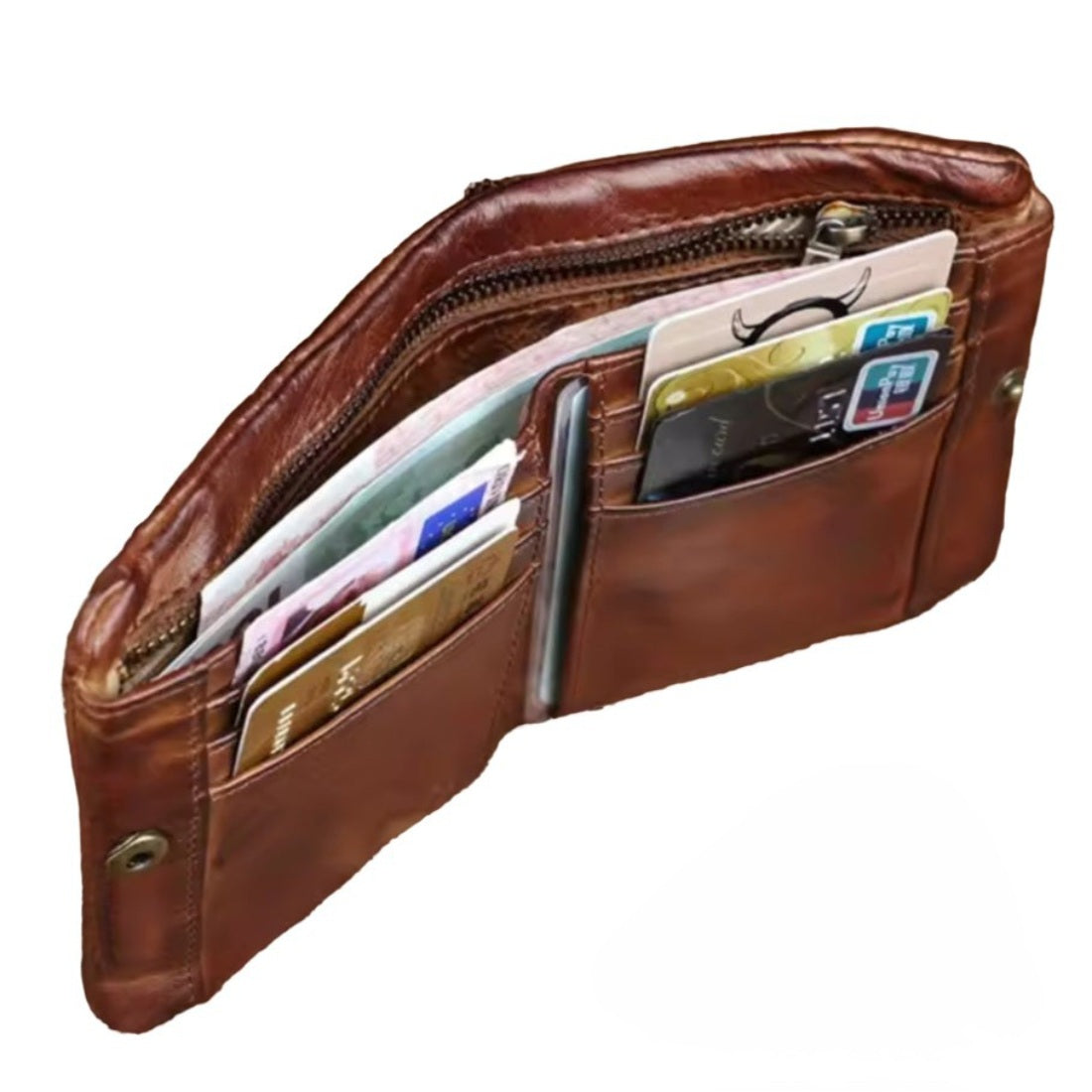 Creased Heritage Compact Fold wallet in brown genuine leather luxury interior card slots displayed