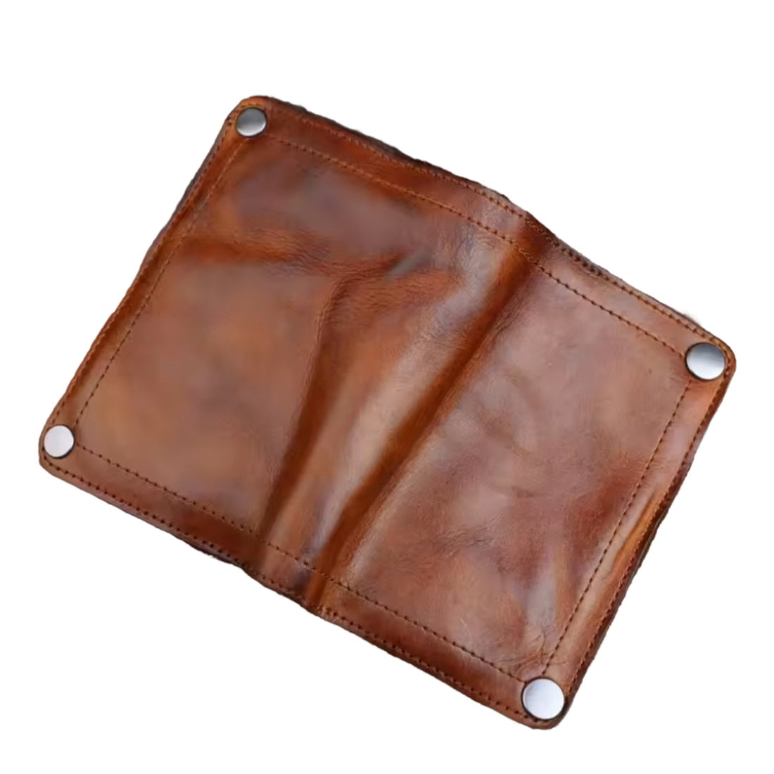 Brown Creased Heritage Fold premium luxury vintage leather wallet fully open highlighting stitching details and vintage craftsmanship