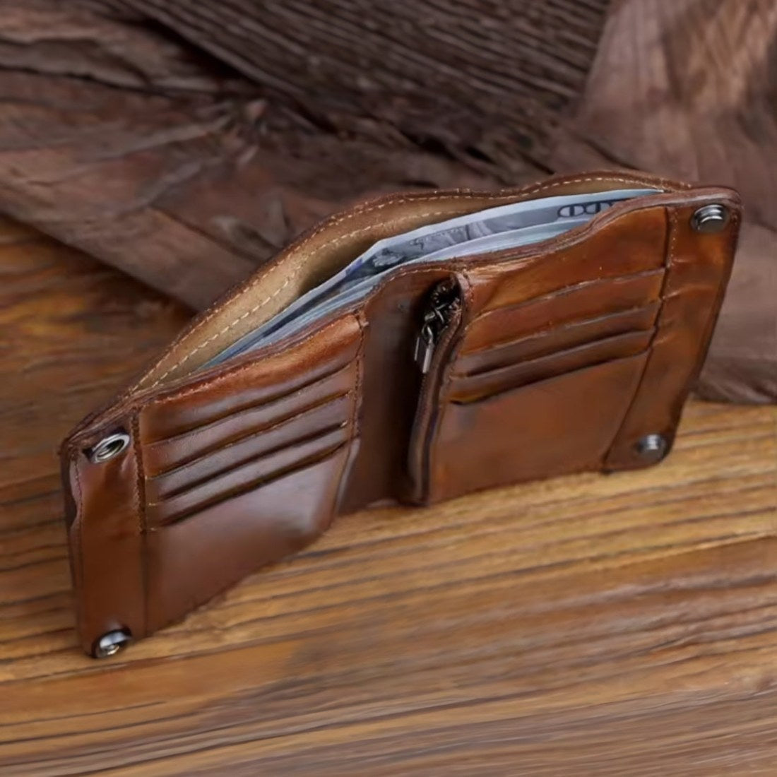 Interior view of brown Creased Heritage Fold luxury vintage genuine leather wallet showing organized card holders secure zip pocket and bill storage