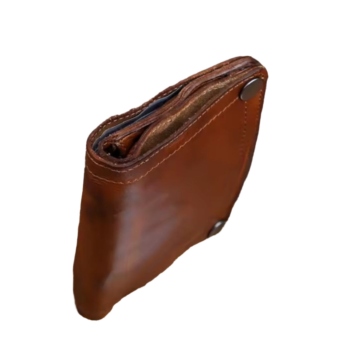 Brown Creased Heritage Fold luxury vintage leather wallet top profile highlighting craftsmanship stitching and compact silhouette