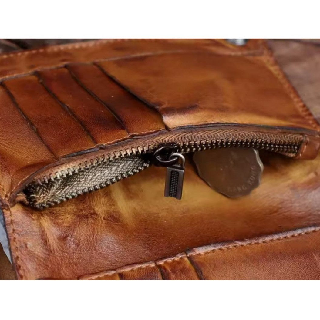Brown Creased Heritage Fold luxury vintage genuine leather wallet with coin compartment and stitched leather card slots for everyday essentials