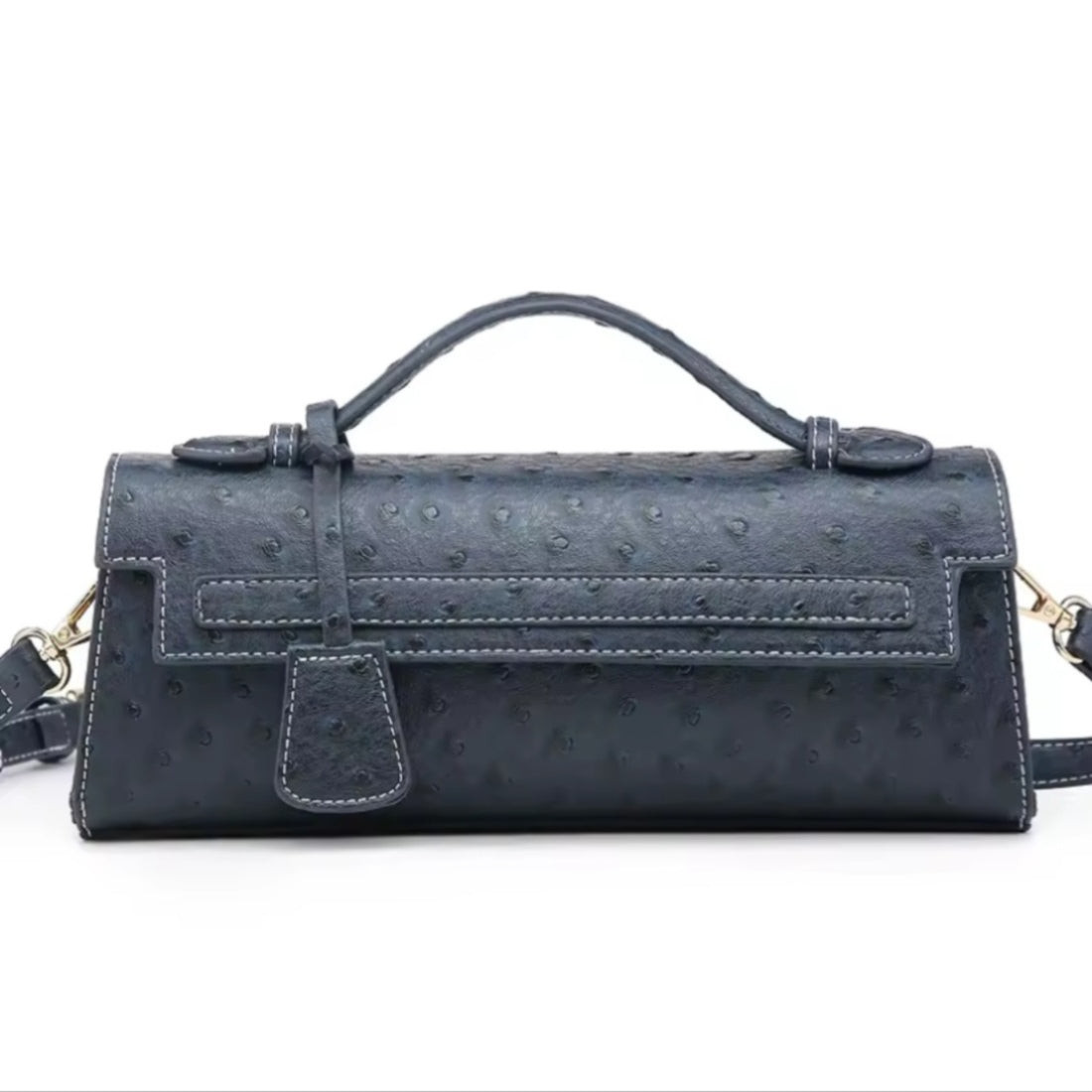 Timeless Elle Petite premium vegan leather luxury embossed ostrich bag in blue