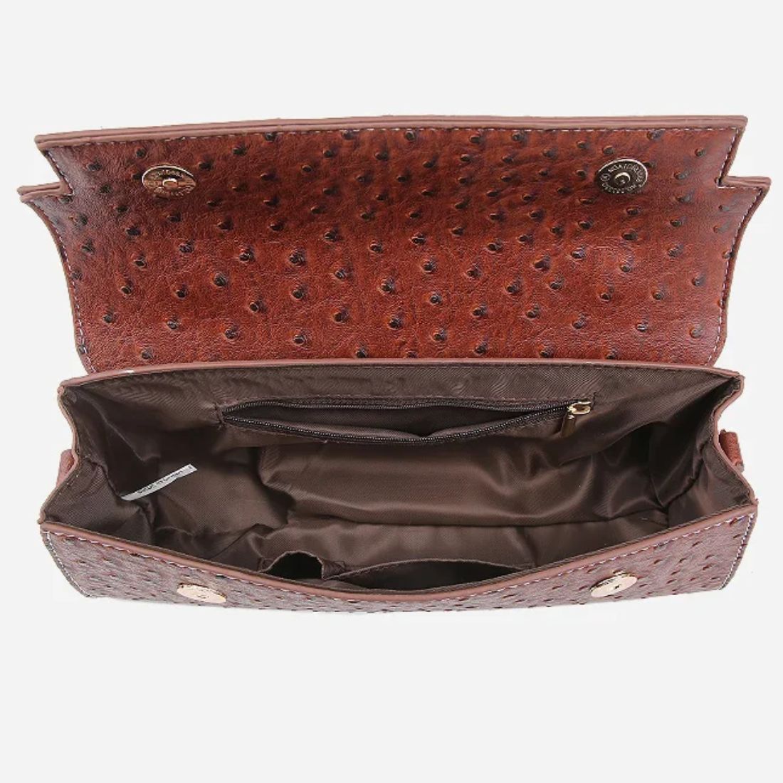 Timeless Elle Petite premium embossed ostrich purse in brown flap pocket detail front view