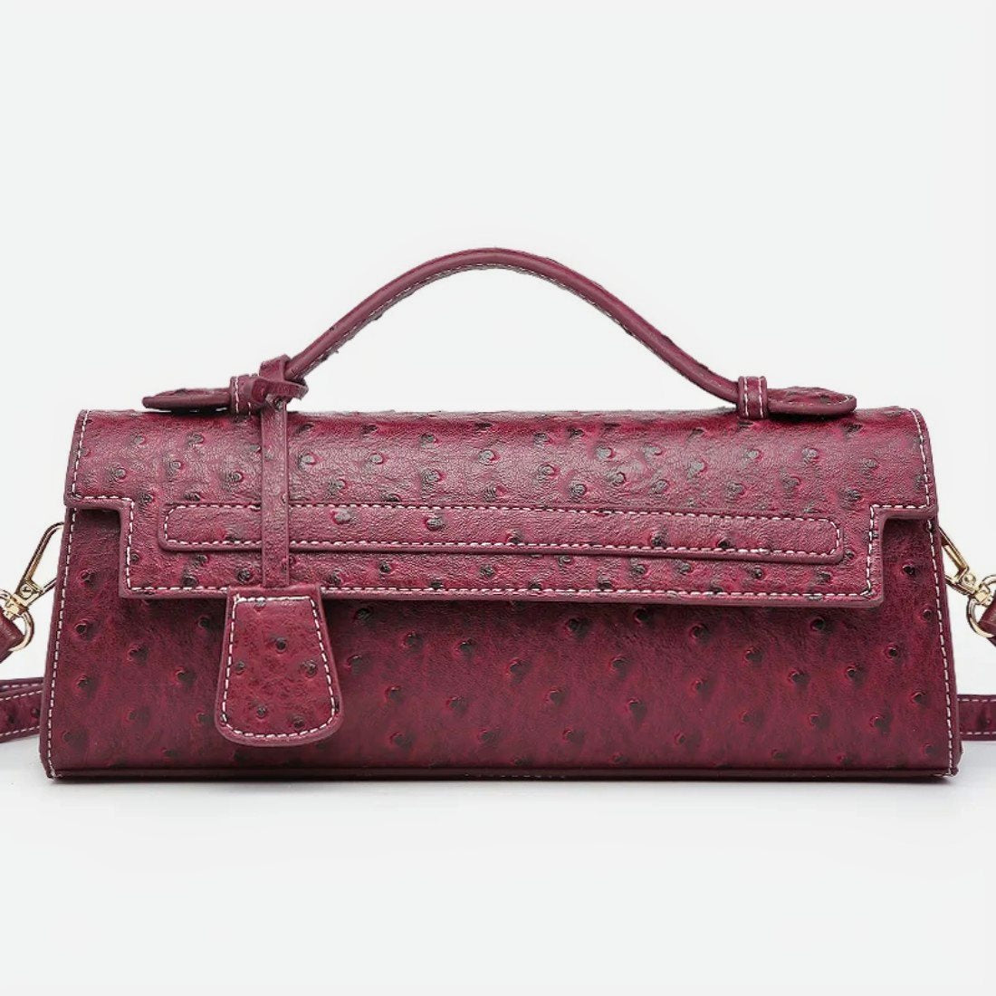 Timeless Elle Petite upscale vegan leather luxury handbag in red ostrich texture