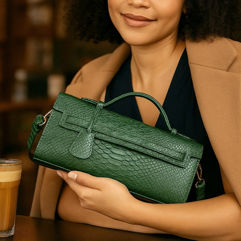 Timeless Elle Petite premium vegan leather purse in green snake embossed texture compact luxury design