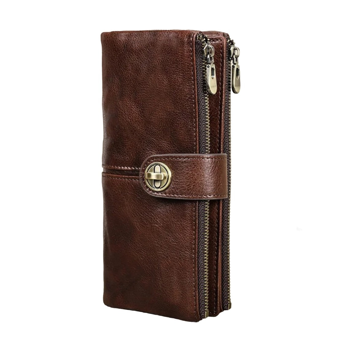 Essential Carry Clutch RFID and AirTag slot in coffee brown premium leather with luxury turn lock closure