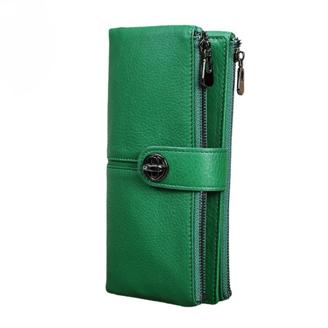 Essential Carry Clutch RFID and AirTag slot in green upscale leather wallet with spacious dual phone zipper pockets