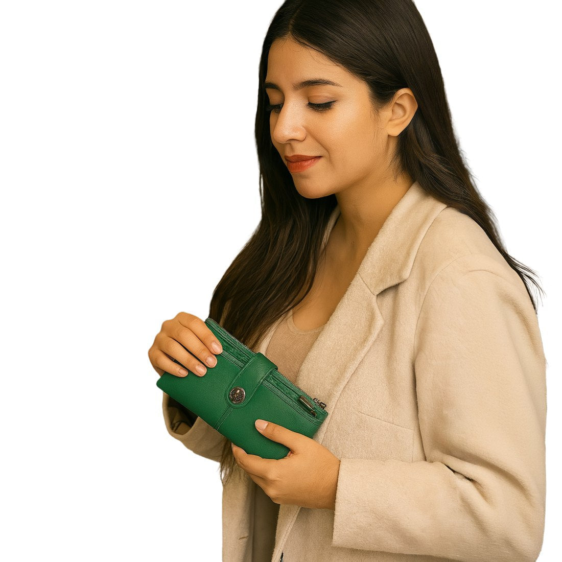 Essential Carry Clutch with RFID and AirTag slot styled in hand in green upscale luxury leather for everyday elegance