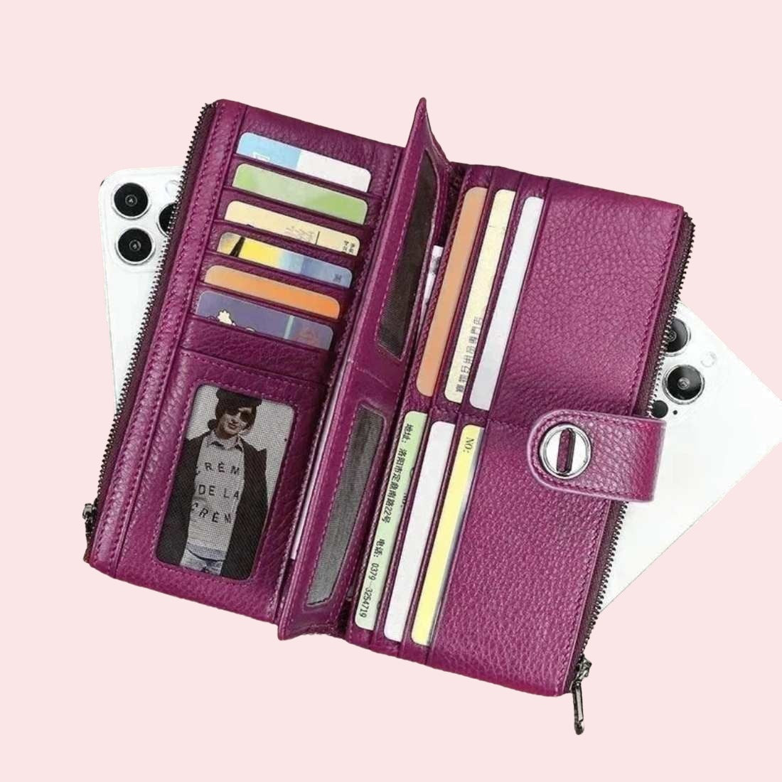 Essential Carry Clutch RFID and AirTag slot luxury leather wallet interior layout with card slots and bill compartments