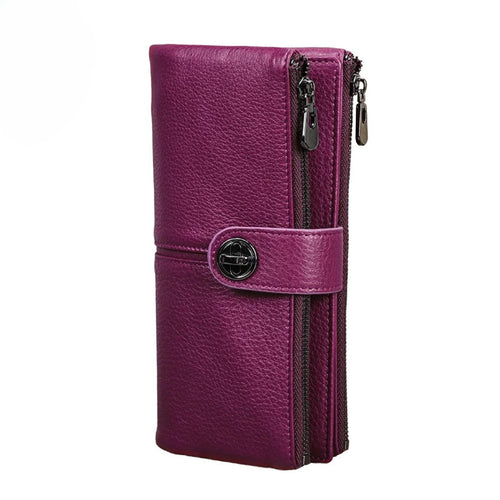 Essential Clutch Carry purple womens leather RFID wallet with AirTag slot triple fold design silver hardware smartphone zipper pockets card holder clutch