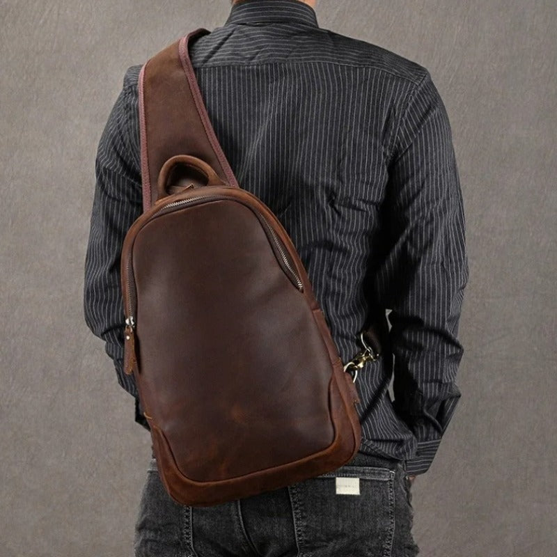 Frontier Leather Sling men's brown crazy horse leather sling bag with adjustable strap, worn crossbody